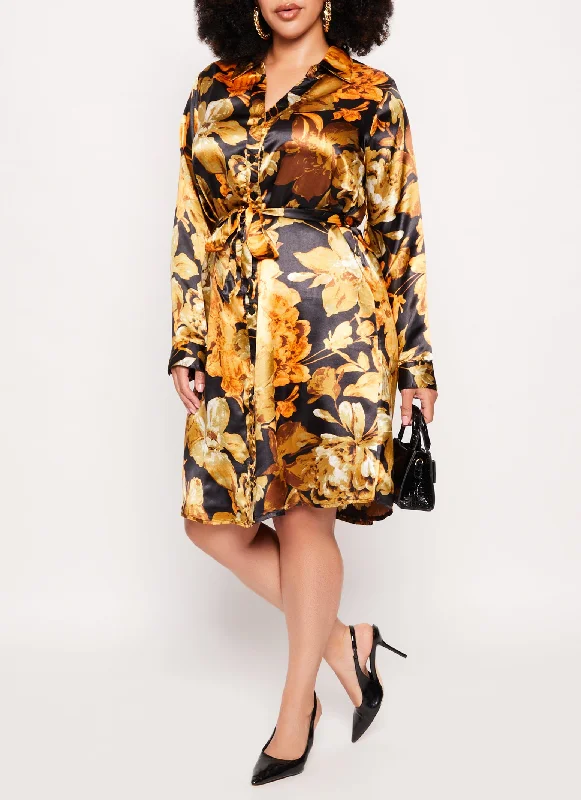 Backless Midi Dresses -Plus Size Satin Floral Print Shirt Dress