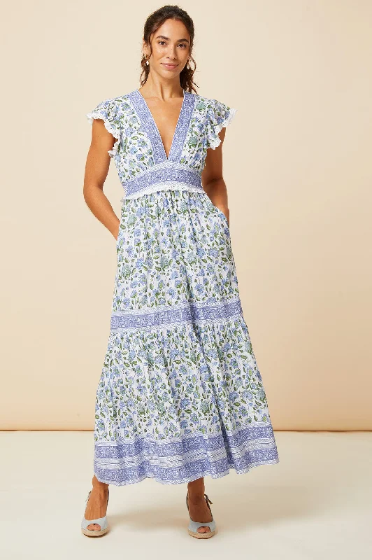 A-Line Midi Dresses for Shape -Pippa Block Print Dress | Blue/Green