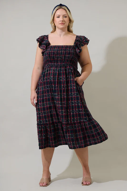 Polka-Dotted Midi Dresses -Chapman Plaid Girona Smocked Ruffle Midi Dress Curve