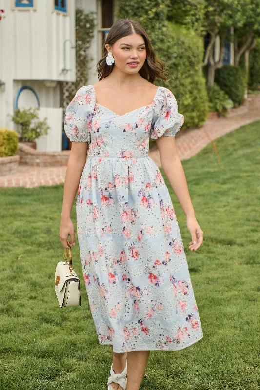 Flared-Hem Midi Dresses -Josie Eyelet Floral Alessi Puff Sleeve Midi Dress