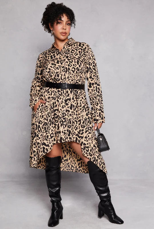 Pleated-Bodice Midi Dresses -Plus Size Animal Print Button Front Shirt Dress