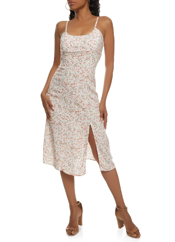 Midi Dresses for Coffee Fun -Almost Famous Floral Split Thigh Dress