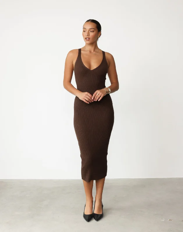 Drop-Waist Midi Dresses -Mariam Midi Dress (Brown)