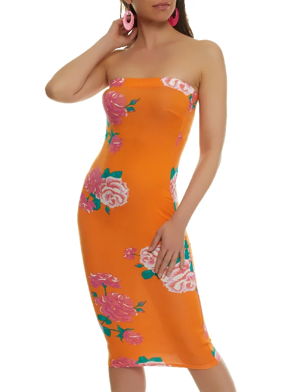 Midi Dresses for Evening Dates -Floral Print Tube Bodycon Dress