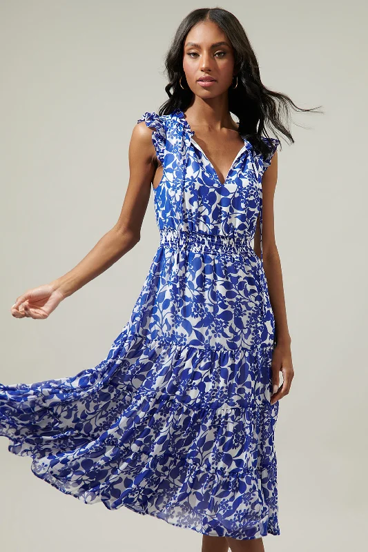 Twist-Back Midi Dresses -Kian Floral Pisces Smocked Midi Dress