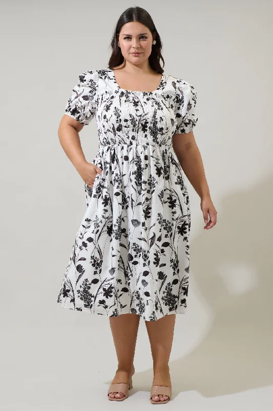 Midi Dresses for Cocktail Nights -Leiden Floral Delfi Smocked Midi Dress Curve