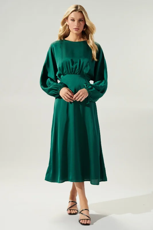 Drape-Sleeve Midi Dresses -Chateau Satin Dolman Sleeve Midi Dress