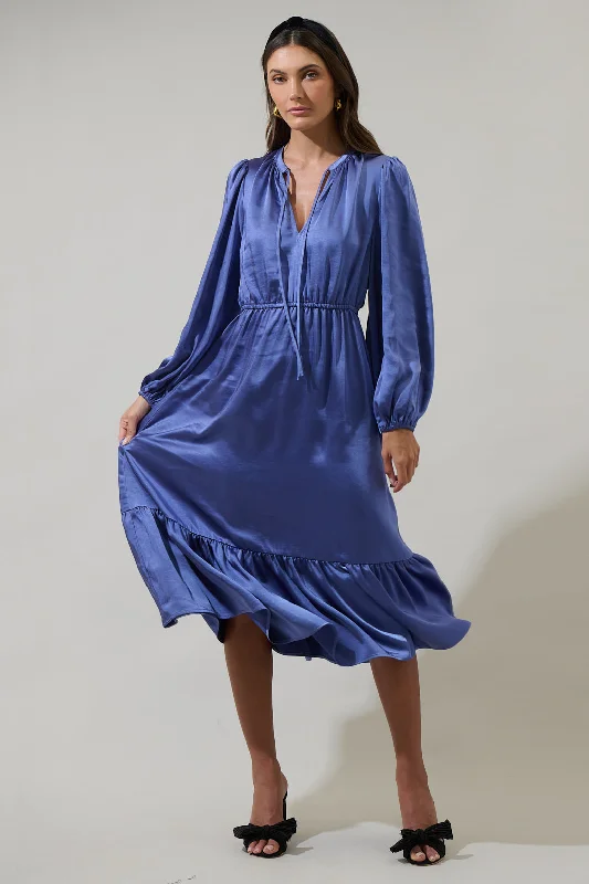 Midi Dresses for Day Fun -Alexia Satin Balloon Sleeve Midi Dress