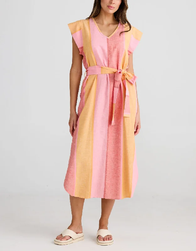 Midi Dresses for Beach Picnics -Sebou Linen Midi Dress - Lisbon Stripe