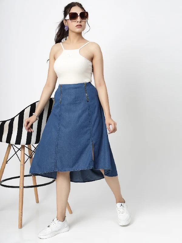 Midi Dresses for Lake Chill -Blue Solid Denim Midi Skirt with Zippers and Waist Smoking