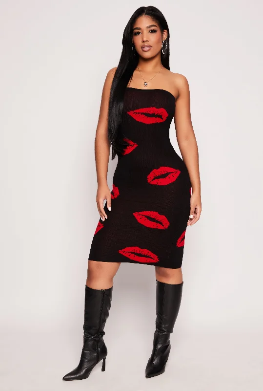 Midi Dresses for Lunch Outings -Lip Print Midi Tube Dress