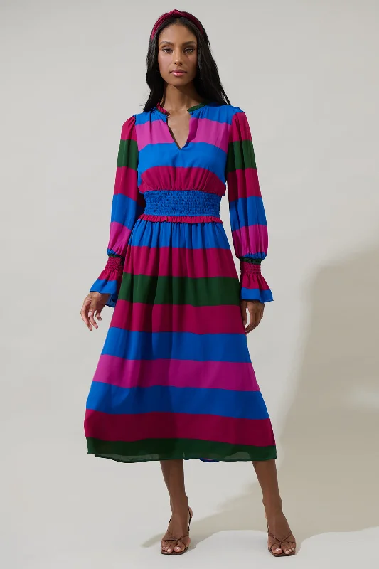 Midi Dresses for Dance Chill -Saige Striped Ria Smocked Midi Dress