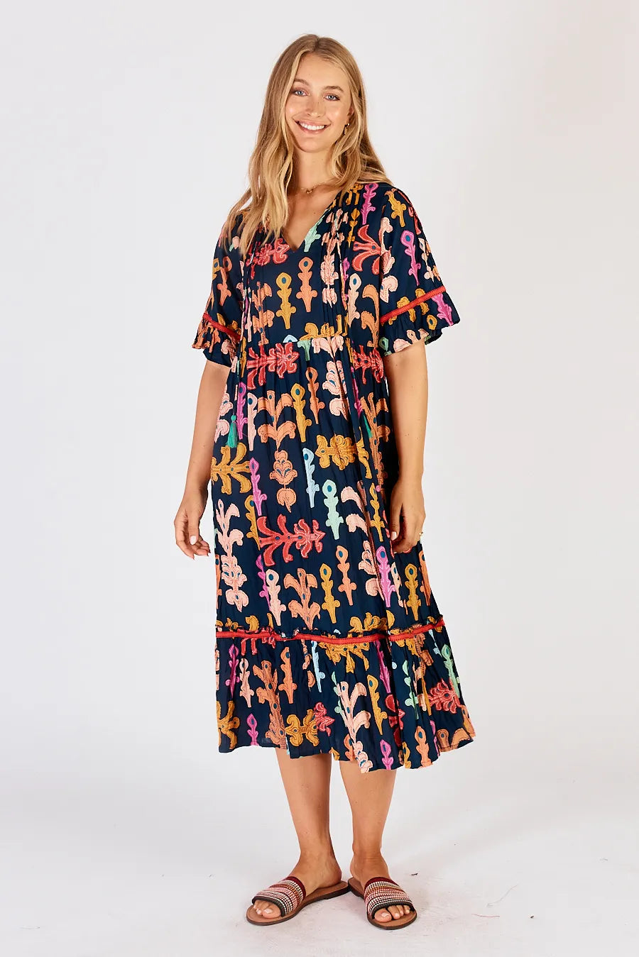 Gathered-Hem Midi Dresses -Lulalife Olivia Midi - Navy