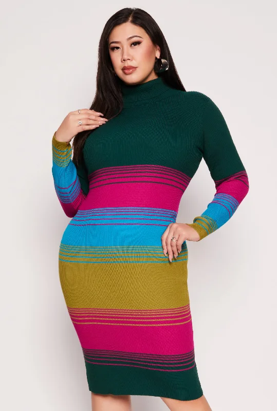 Midi Dresses for Travel Days -Plus Size Almost Famous Color Blocked Striped Sweater Dress