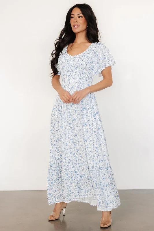 Midi Dresses for Small Dates -Joanie Smocked Dress | White + Blue Floral