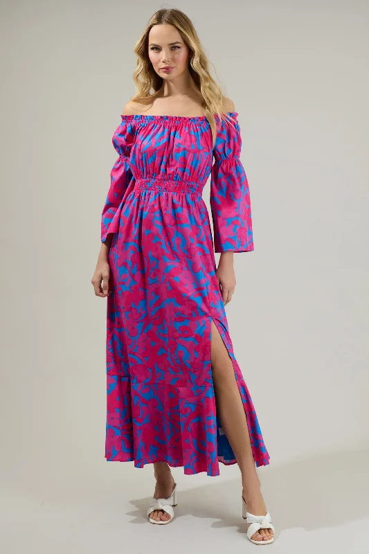 Midi Dresses for Game Fun -Yeraldi Berry Tropics Off the Shoulder Bell Sleeve Midi Dress