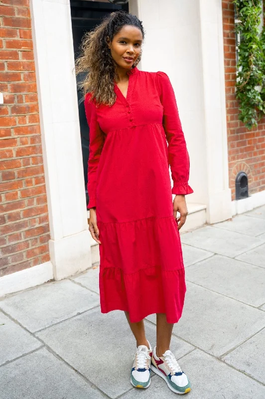 Midi Dresses for Engagement Events -Liv Corduroy Dress | Red