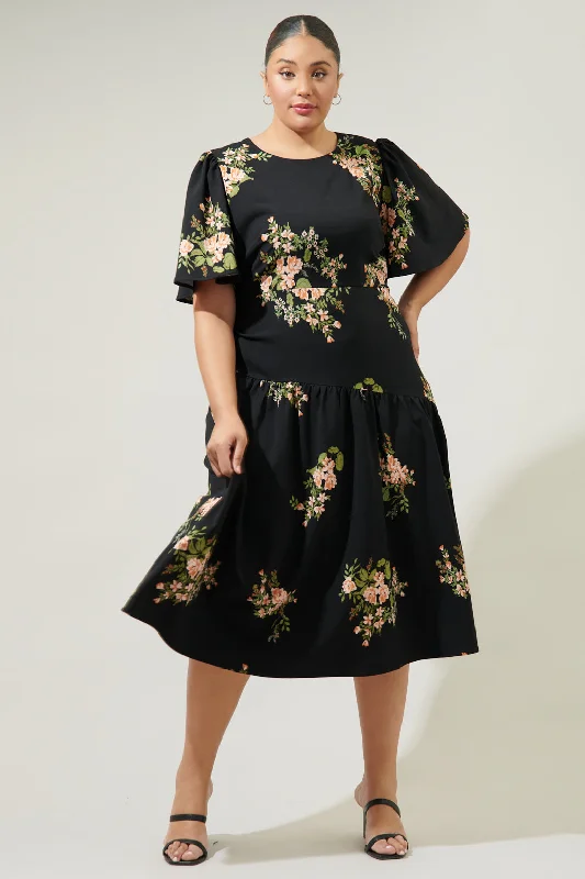 Midi Dresses for Day Dates -Jasleen Floral Bruna Drop Waist Midi Dress Curve