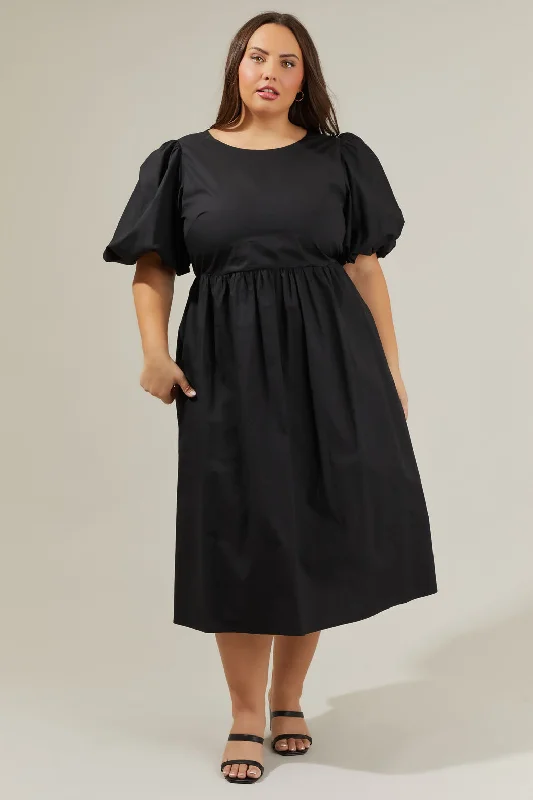 Luxe-Velvet Midi Dresses -Rye Poplin Puff Sleeve Midi Dress Curve