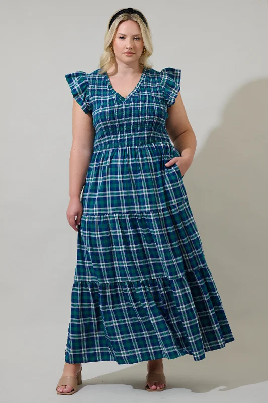 Midi Dresses with Cutout Accents -Buckley Plaid Sunfire Smocked Bodice Tiered Midi Dress Curve