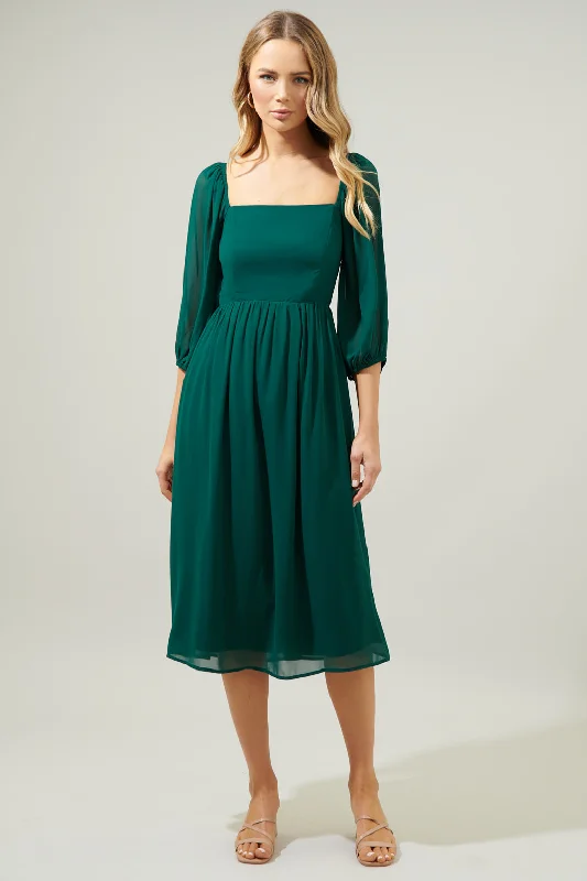 Thin-Wool Midi Dresses -Amaretto Puff Sleeve Midi Dress