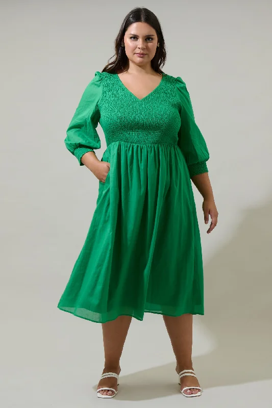 Velvet Midi Dresses for Fall -Zelda Smocked Long Sleeve Cotton Voile Midi Dress Curve