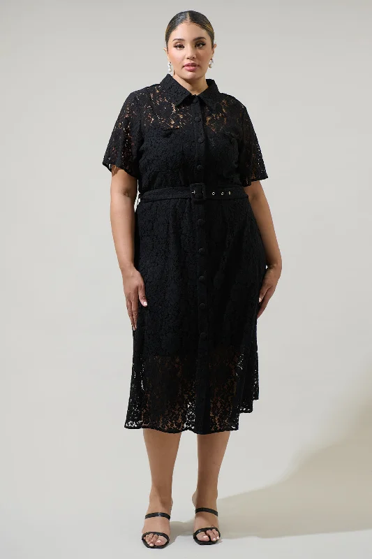 Midi Dresses for Farewell Events -Carlini Lace Button Up Midi Dress Curve