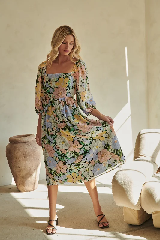 Side-Flare Midi Dresses -Topanga Floral Amaretto Puff Sleeve Midi Dress