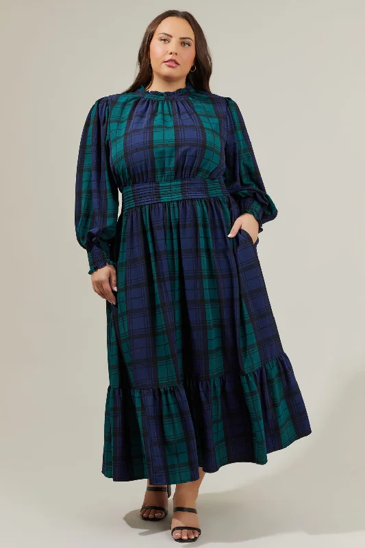 Curved-Hem Midi Dresses -Hudson Plaid Caitlyn Smock Sleeve Midi Dress Curve