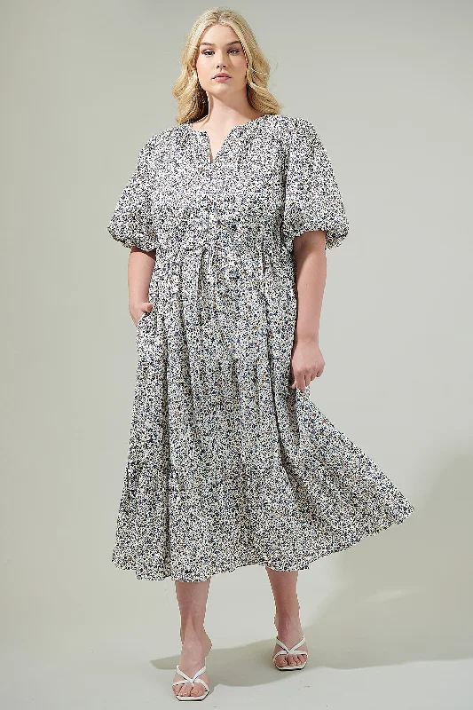 Midi Dresses for Brunch Vibes -Heath Floral Balloon Sleeve Tiered Midi Dress Curve