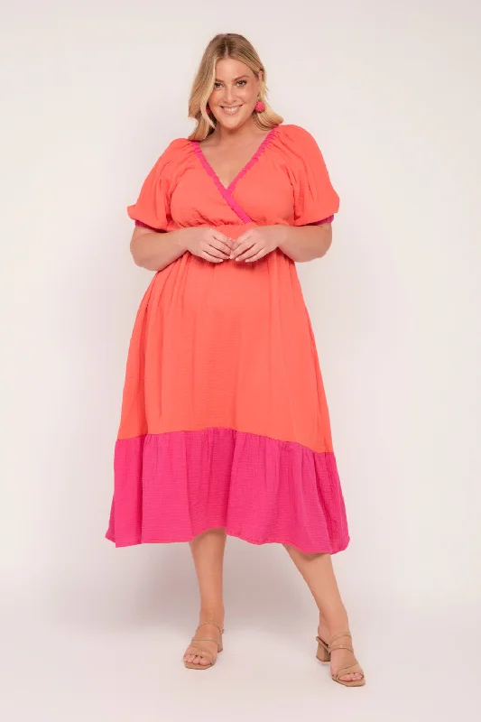 Linen Midi Dresses for Ease -Alison Crinkle Cotton Midi Dress in Sunset