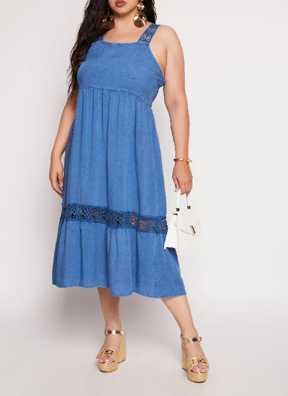 Midi Dresses for Wine Tastings -Plus Size Acid Wash Daisy Crochet Detail Dress