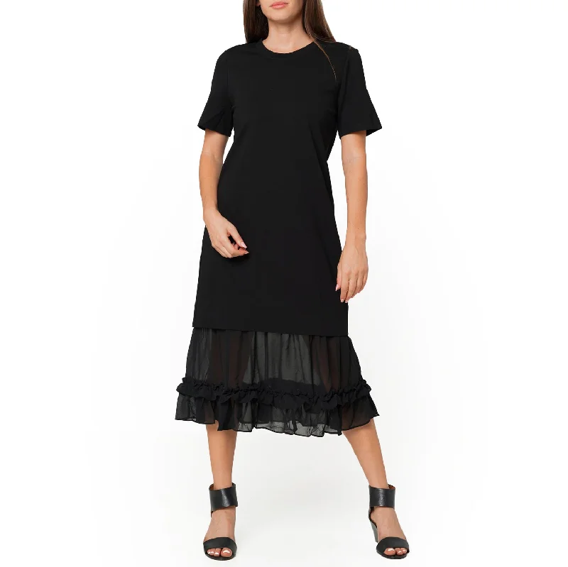 Midi Dresses for Summer Fun -Sheer Contrast Ruffle Hem Midi Dress In Black