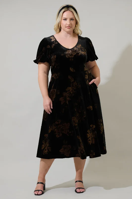 Midi Dresses with Long Sleeves -Ace Floral Abrina Velvet Midi Dress Curve