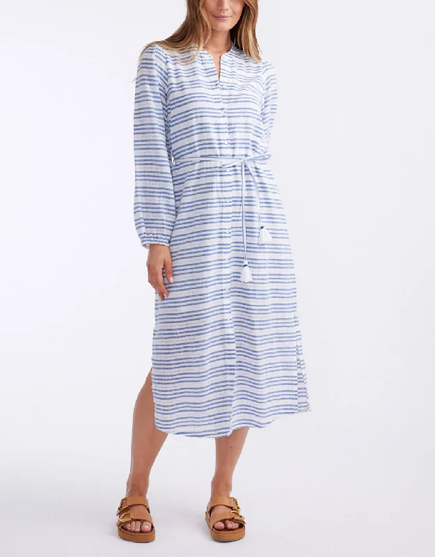 Side-Ruffle Midi Dresses -Palm Island Dress - Blue/White Stripe