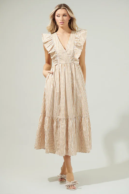 Loose-Edge Midi Dresses -Luna Striped Fairness Taupe Poplin Surplice Midi Dress