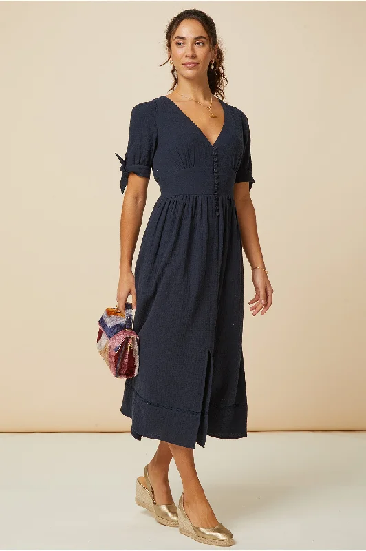 Plush Midi Dresses for Comfort -Olga Cheesecloth Dress | Navy