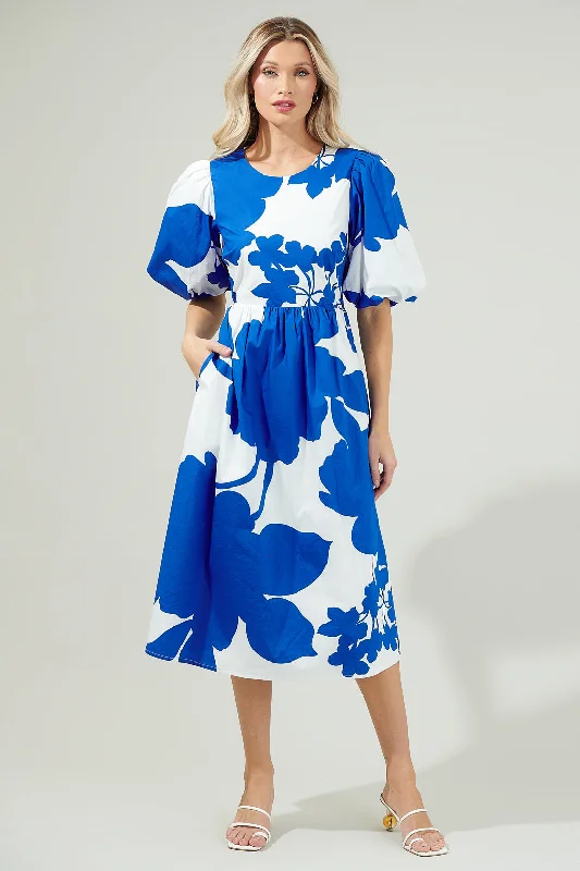 Scoop-Back Midi Dresses -Yardley Floral Poplin Puff Sleeve Midi Dress