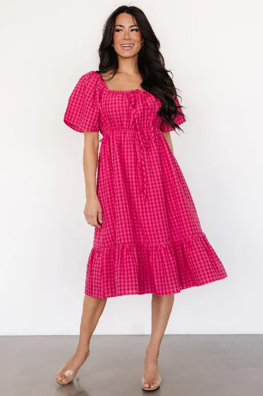 Shift-Back Midi Dresses -Erica Dress | Pink Gingham Print