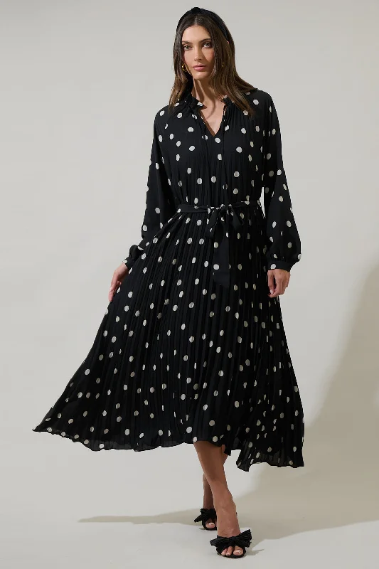 High-Neck-Design Midi Dresses -Kaline Polka Dot Marisa Pleated Midi Dress