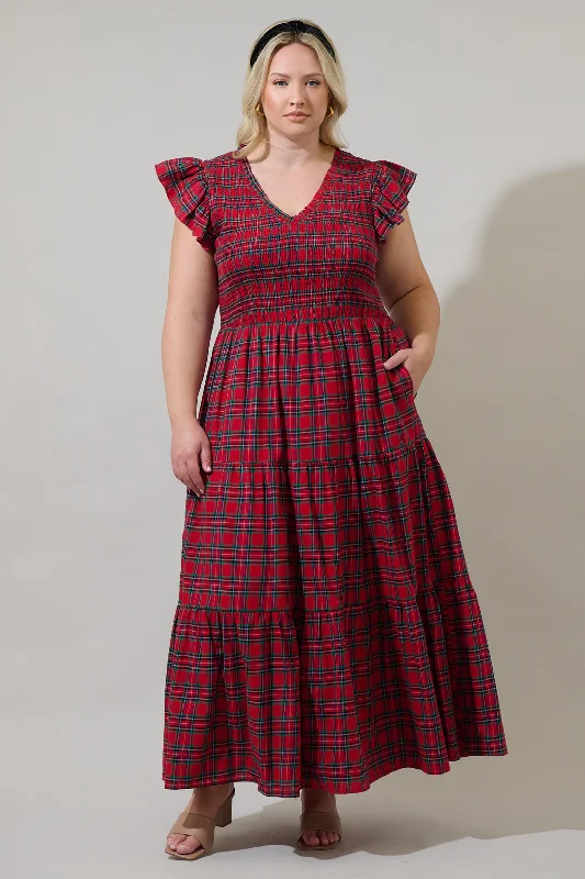 Midi Dresses for Small Chill -Arvada Plaid Sunfire Smocked Bodice Tiered Midi Dress Curve