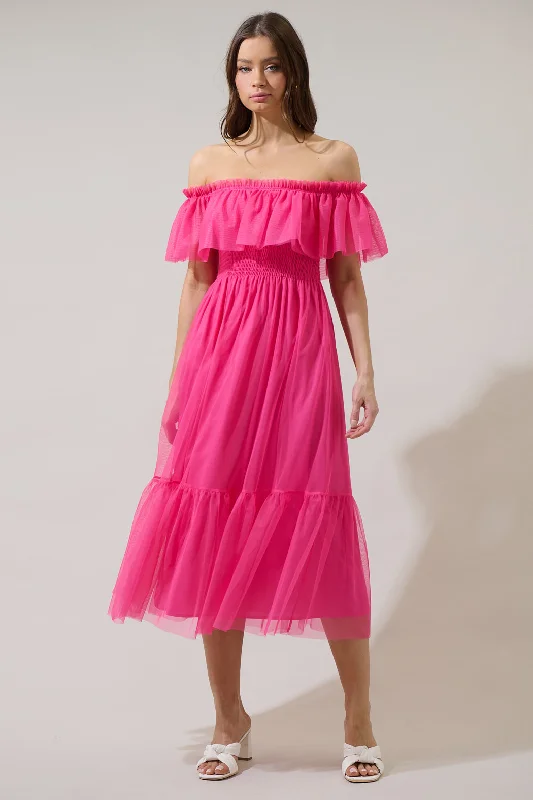 Soft-Silk Midi Dresses -Trace Tulle Off the Shoulder Midi Dress