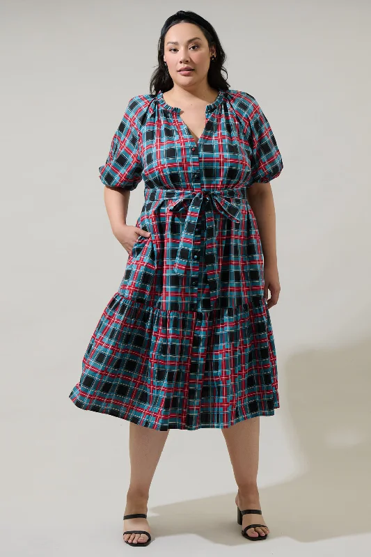 Midi Dresses for Romantic Dates -Winston Plaid Wynette Tiered Midi Dress Curve