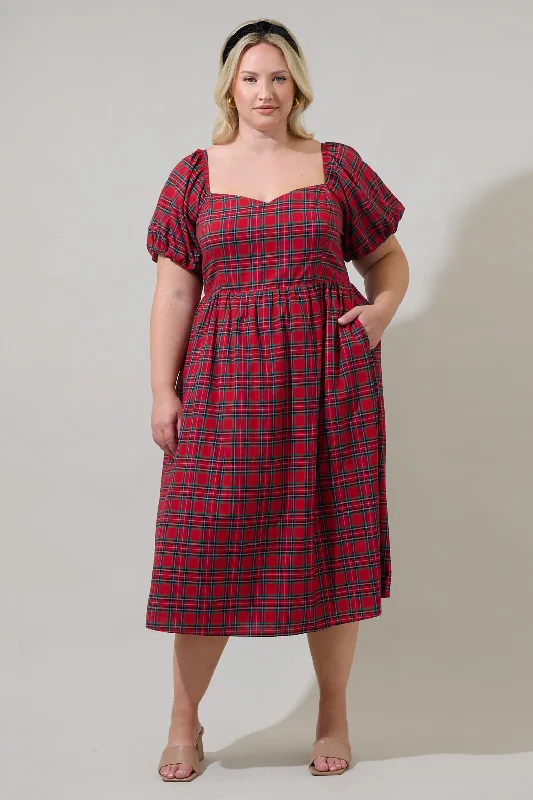 Midi Dresses for Petite Frames -Arvada Plaid Alessi Puff Sleeve Midi Dress Curve