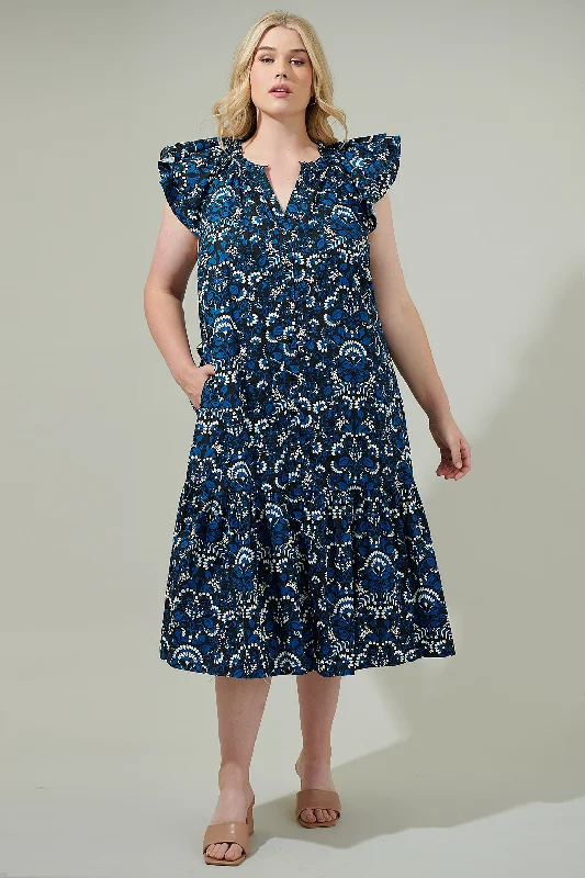 Ruffled-Edge Midi Dresses -Etta Floral Charlotte Button Midi Dress Curve