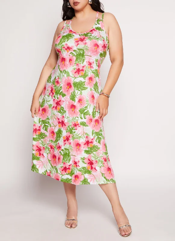 Cold-Shoulder Midi Dresses -Plus Size Floral Print Double Strap Tank Dress