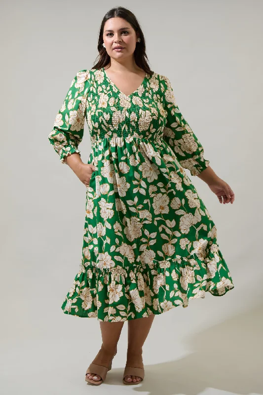 Midi Dresses for Casual Meetups -Lucena Floral Lemy Poplin Midi Dress Curve