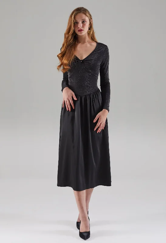 Pocketed Midi Dresses -Elegant Satin Long Sleeves Dress