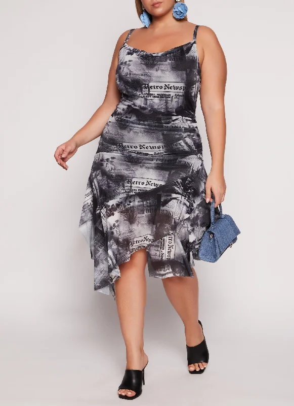 Bow-Detail Midi Dresses -Plus Size Almost Famous Mesh Asymmetrical Ruffled Dress