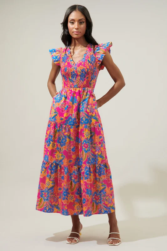 Midi Dresses for Pool Chill -Ranchero Floral Sunfire Smocked Bodice Tiered Midi Dress